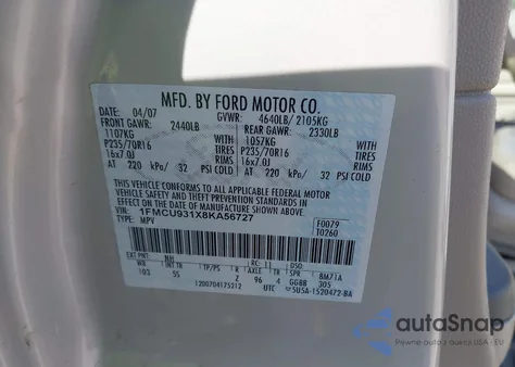 2008 Ford Escape Xlt z USA, uszkodzony, nr VIN 1FMCU931X8KA56727